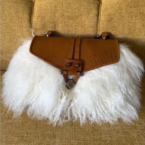 Mongolian Lamb Fur & Leather Shoulder Purse Handbag Chain Strap Statement - Picture 5 of 10